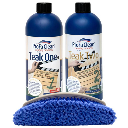 ProFa Clean Teak-Pflegeset 2 × 1 L mit Besenbürste – Produktansicht 1
